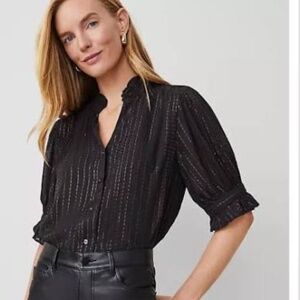 Ann Taylor Metallic Stripe Ruffle Blouse, Black, Small